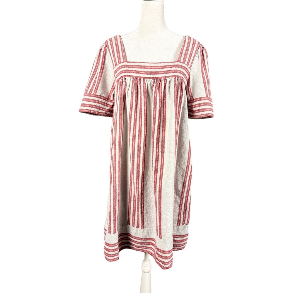 Old Navy Striped Babydoll Dress Medium Red White Linen Blend Short Summer Casual